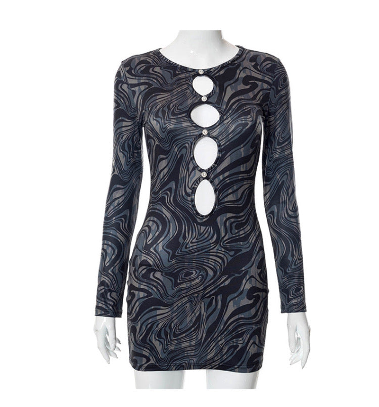Water wave printed round neck cut-out dress