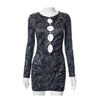 Water wave printed round neck cut-out dress