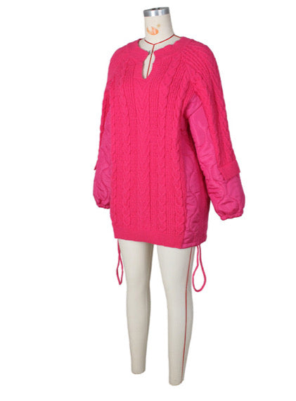 CASUAL LOOSE STITCHING KNITTED DRAWSTRING JACKET