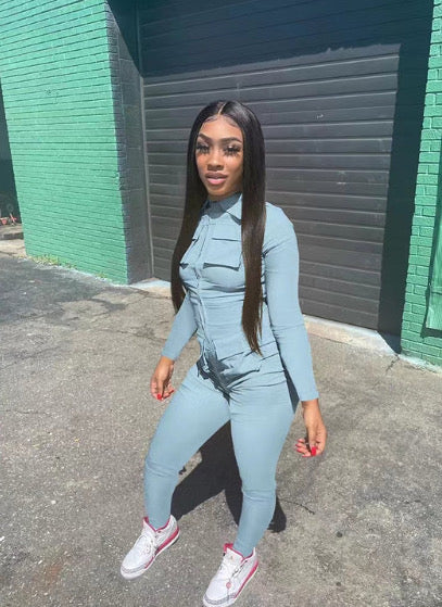 LONG SOLID COLOR CARGO ZIPPERED POCKET JUMPSUIT