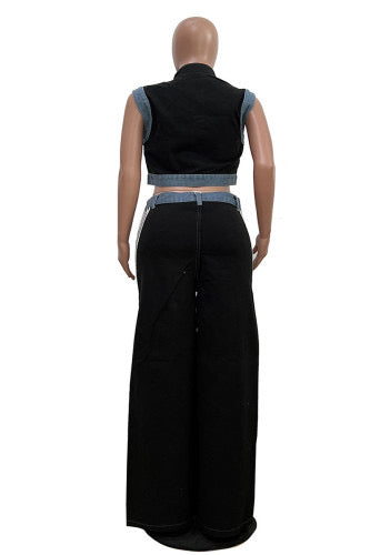 Black Casual Daily Stripe Patchwork Zipper Collar Sleeveless 2PC