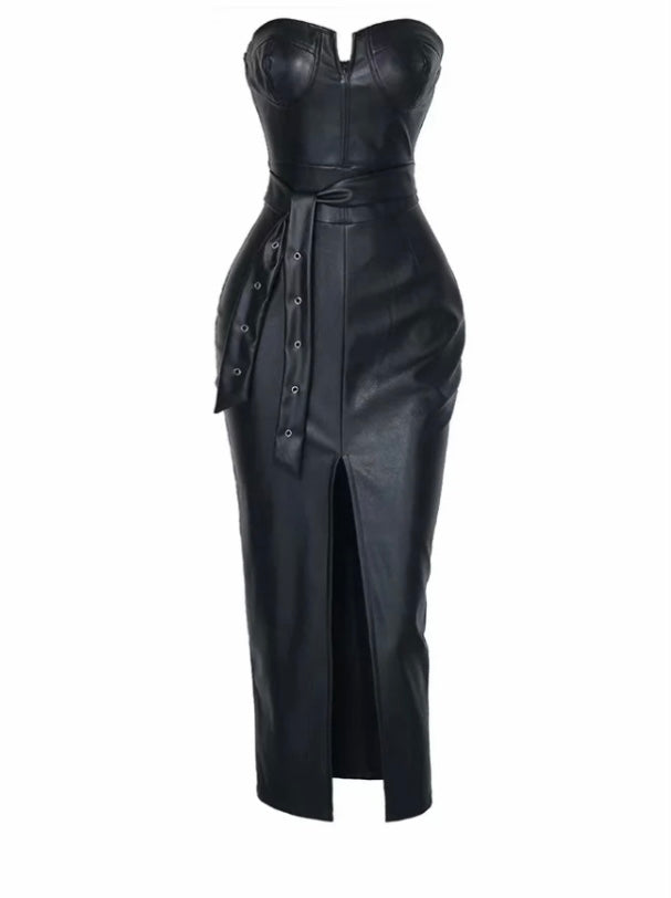 TUBE TOP SEXY TIGHT SPLIT PU SOLID COLOR RIVET DRESS