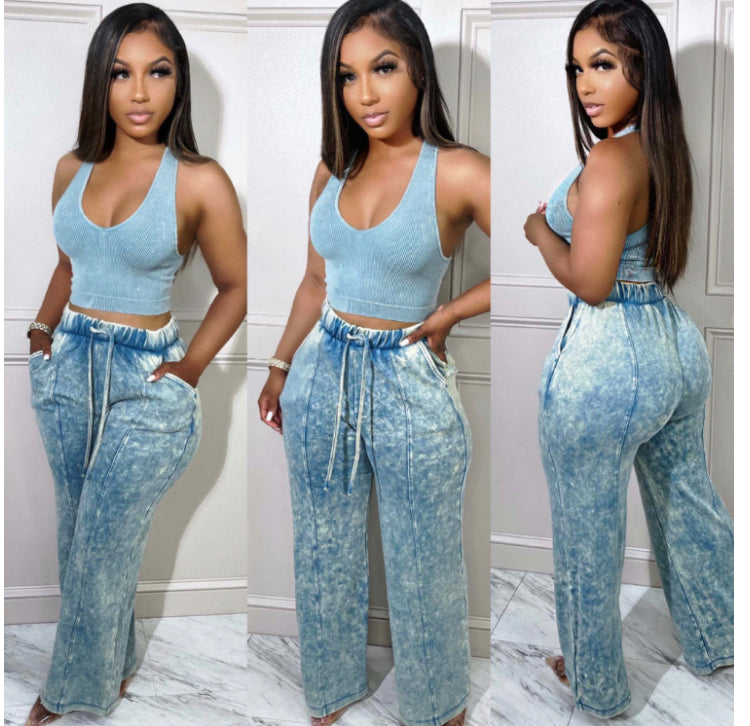 PRINTED ELASTIC HIGH WAIST POCKET CASUAL WIDE LEG PANTS