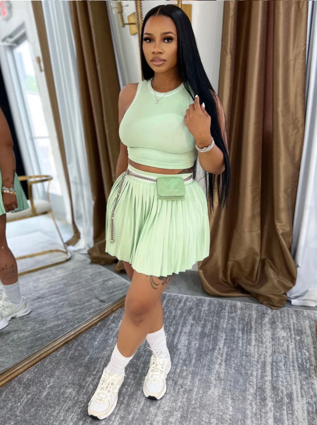 SLEEVELESS CROP TOP + PLEATED SKIRT SPORTS FASHION 2PC SET
