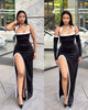 WHITE-TRIMMED CUT-OUT HIGH-SLIT HALTERNECK DRESS