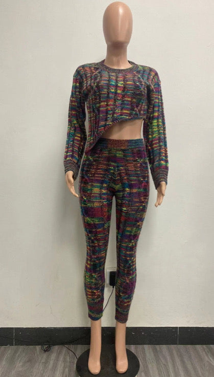 Round neck irregular colored knitted long sleeve suit
