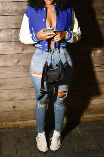 Grey Casual Long Sleeve Baseball Bomber Crop Varsity Jackets