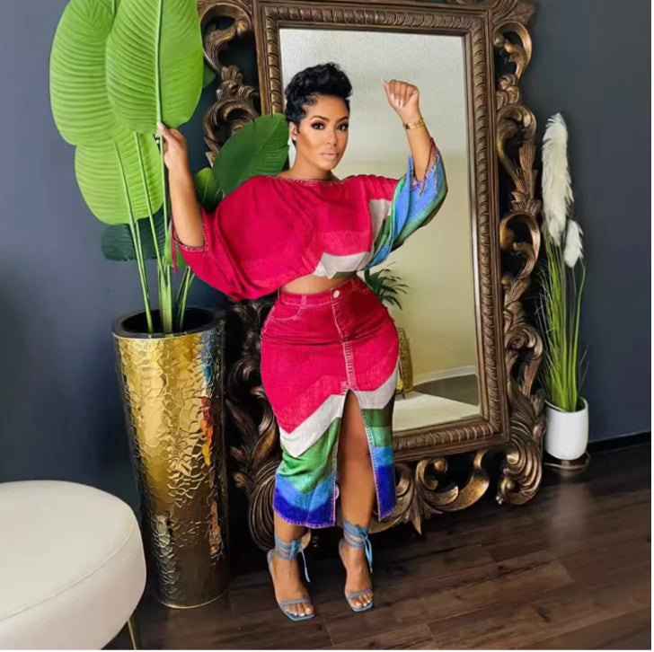 ONE-NECK BAT SLEEVE TOP SPLIT SKIRT 2PC SET