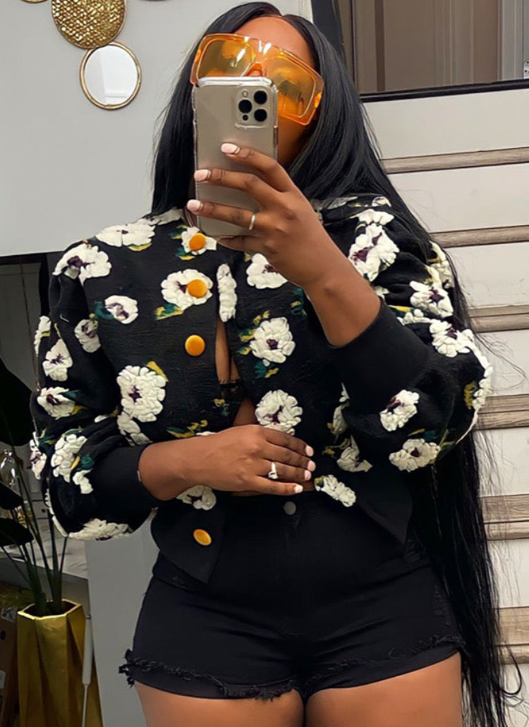 Three- Dimensional Floral Cardigan Short Coat