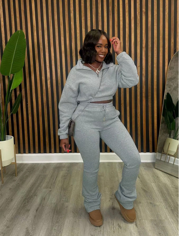ZIPPER HALF-HIGH COLLAR PLUS VELVET SPORTS 2PC SET
