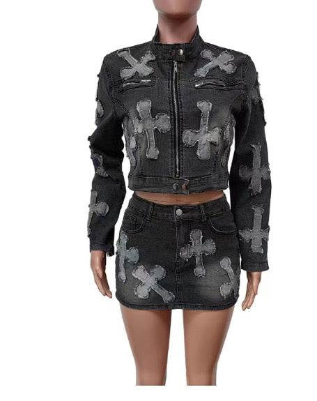 Cross Denim embroidered Skirt Jacket Set