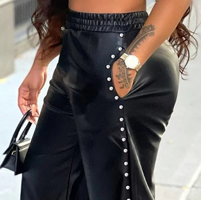 Solid color Bubble Bead Loose Wide Leg Pocket Leather Pants