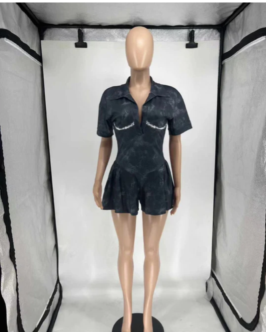 Washed Printed A-Fold deep V-waist jumpsuit