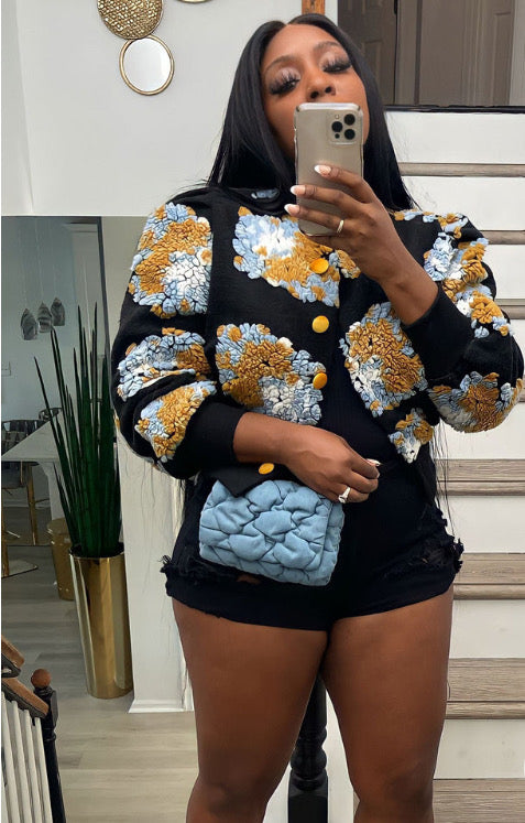 Three- Dimensional Floral Cardigan Short Coat