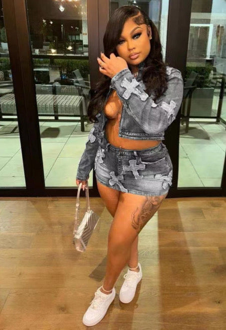 Cross Denim embroidered Skirt Jacket Set