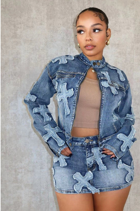 Cross Denim embroidered Skirt Jacket Set