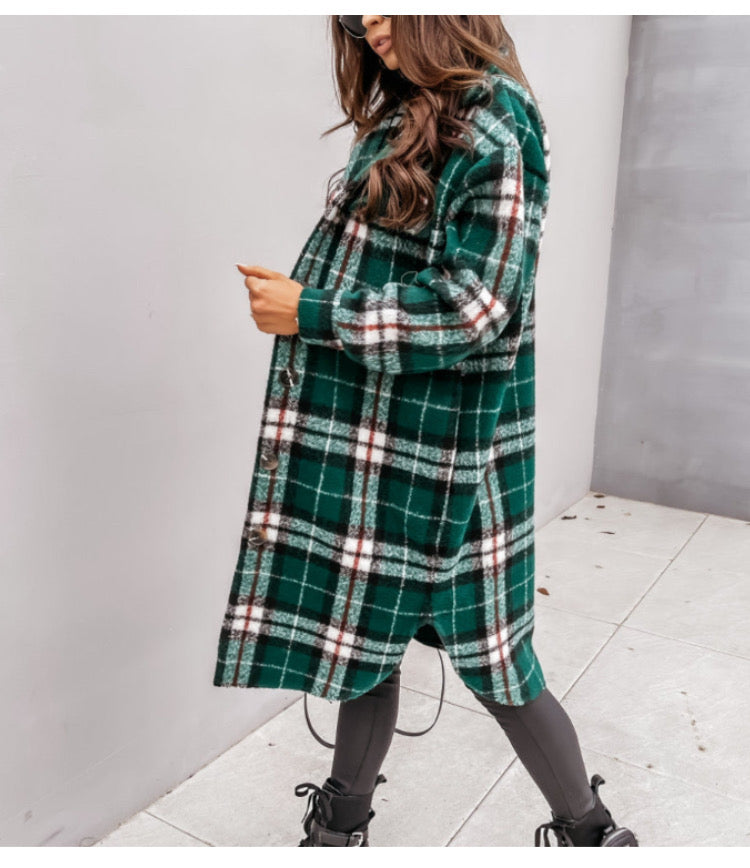 Plaid printed mid-length shirt coat