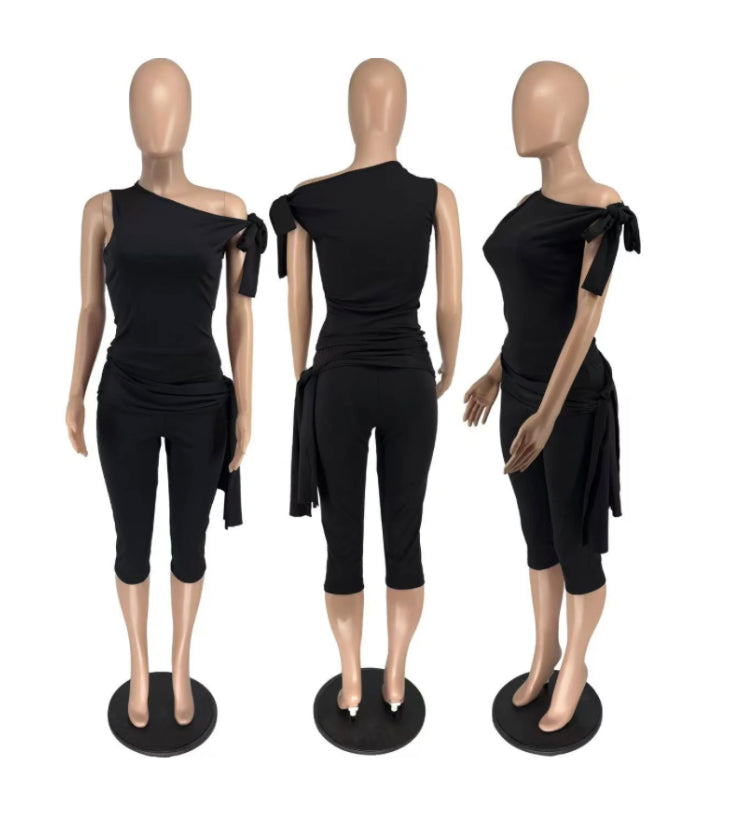SLANTED SHOULDER STRAP CASUAL FASHION SOLID COLOR 2PC SET