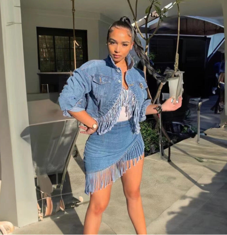 Fashion casual Denim tassel skirt 2PC Set