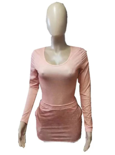 Long-Sleeved U-Neck Too Hip Skirt 2PC Set