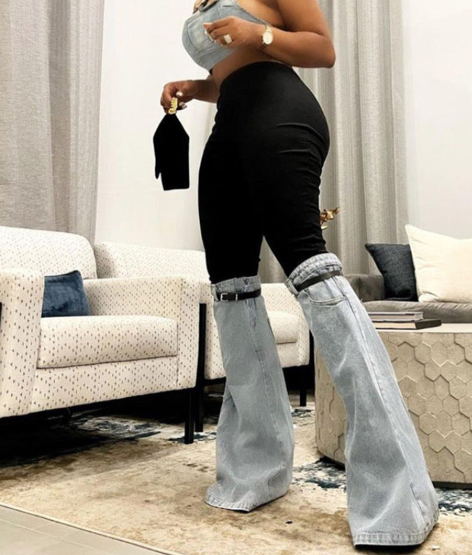 DENIM PANELED ELASTICATED FLARED JEANS