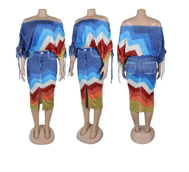 ONE-NECK BAT SLEEVE TOP SPLIT SKIRT 2PC SET