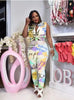 LAPEL SLEEVELESS TOP WITH PRINTED COLORED TROUSERS 2PC SET