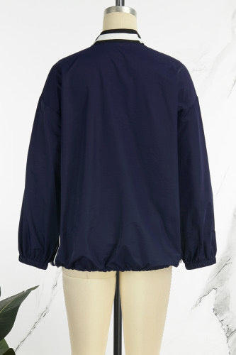 Blue Street Print Patchwork Draw String V Neck Tops