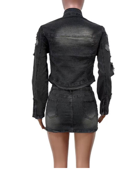 Cross Denim embroidered Skirt Jacket Set