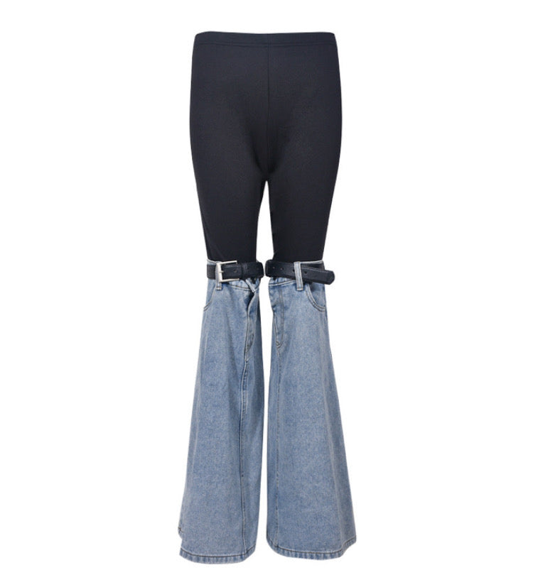 DENIM PANELED ELASTICATED FLARED JEANS