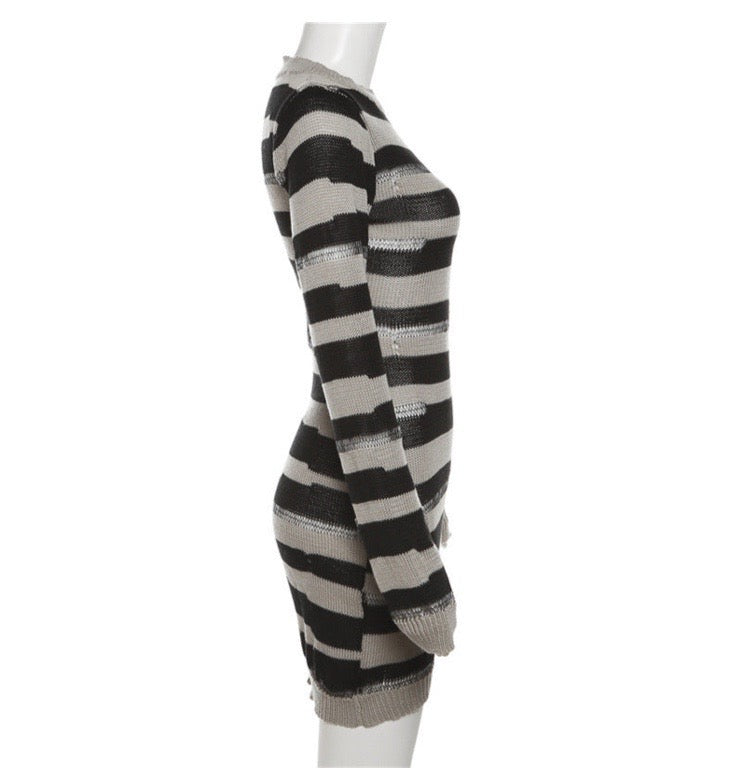 HOLLOW KNIT CONTRAST STITCHING BAG HIP DRESS FEMALE