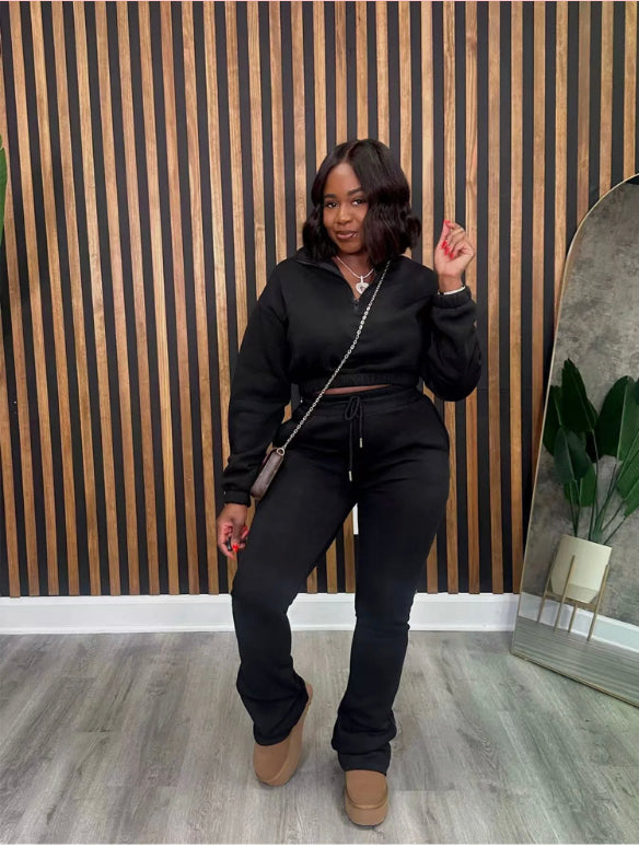ZIPPER HALF-HIGH COLLAR PLUS VELVET SPORTS 2PC SET