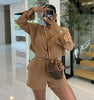 SUIT COLLAR LONG SLEEVE SHIRT HIGH WAIST DRAWSTRING SHORTS CASUAL 2PC SET