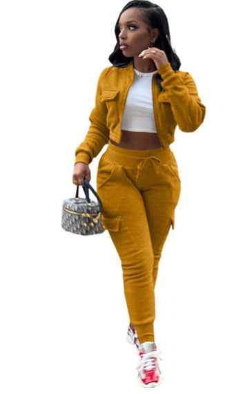 THREADED SPLICING SWEATER PLUS VELVET OVERALL CASUAL 2PC SET