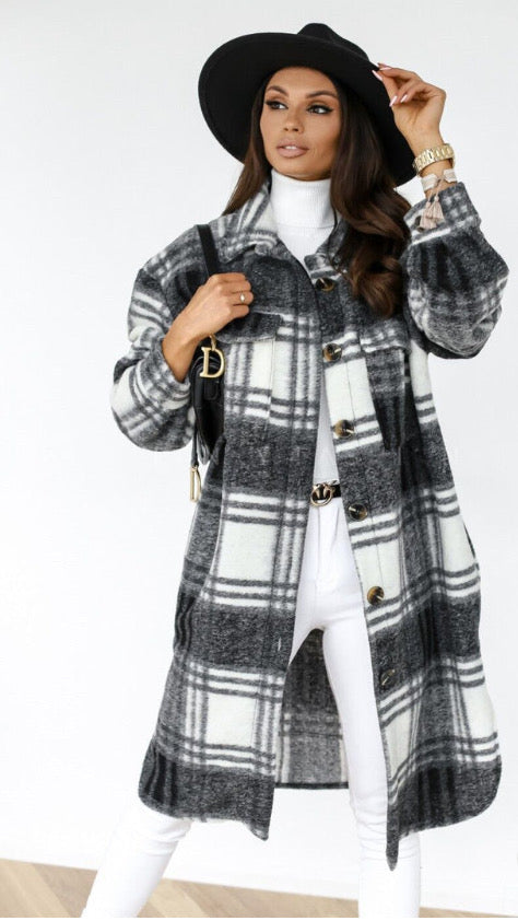 Plaid printed mid-length shirt coat