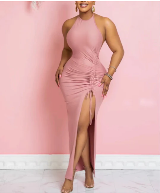 Invisible Zipper Dress with Split Drawstring Side