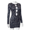 Water wave printed round neck cut-out dress