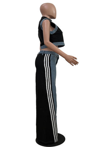 Black Casual Daily Stripe Patchwork Zipper Collar Sleeveless 2PC