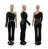 LEATHER SPLICE DIAGONAL NECK SLIM FIT LONG SLEEVE SET