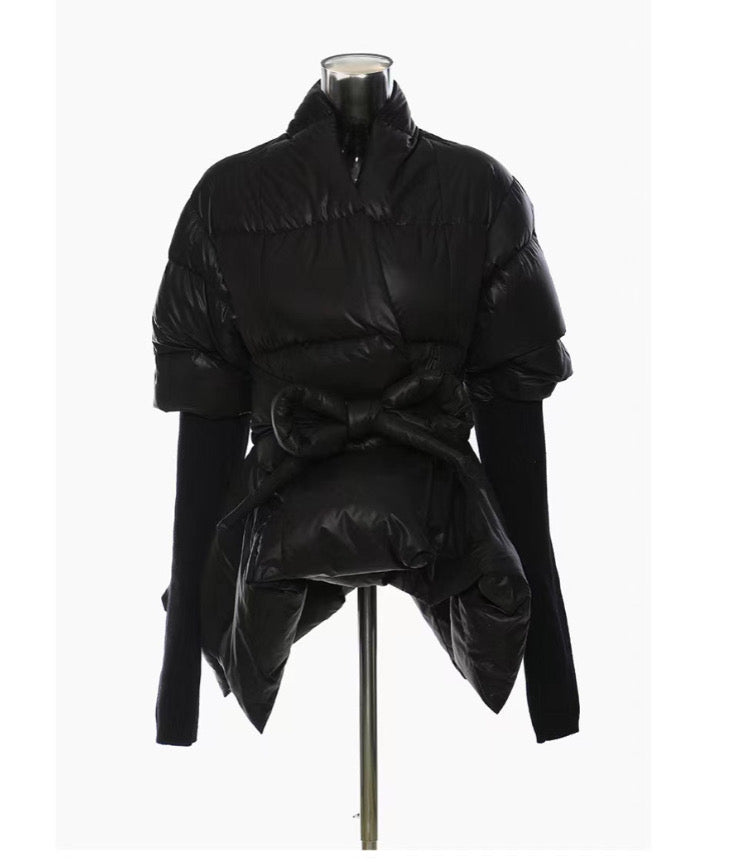 CAMOUFLAGE PANELS, IRREGULAR KNITTED CUFFS, WAIST-CINCHING PADDED JACKET