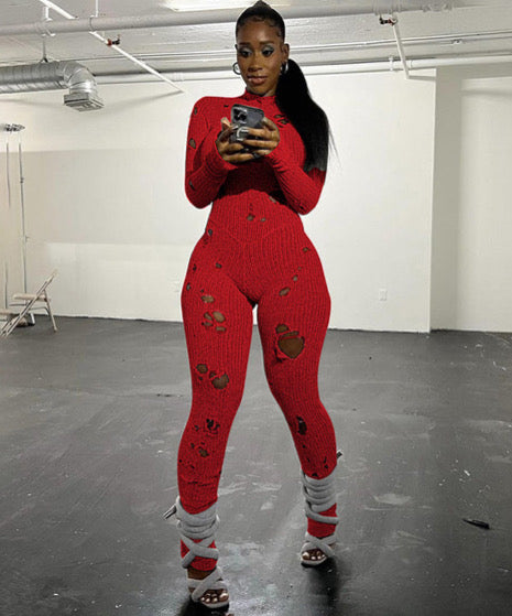PERFORATED LONG SLEEVE BACK STRAP WOOLEN LONG JUMPSUIT