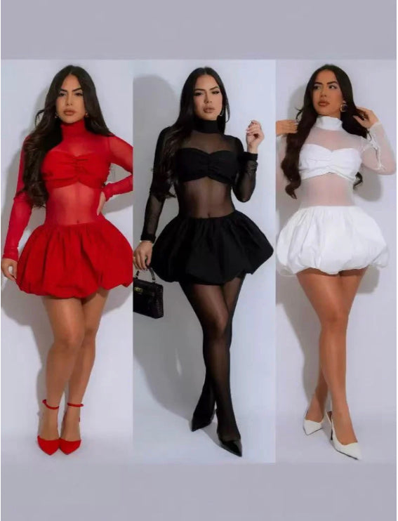 ELEGANT SLIM BUBBLE SKIRT LONG SLEEVE GAUZE DRESS