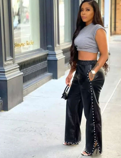 Solid color Bubble Bead Loose Wide Leg Pocket Leather Pants