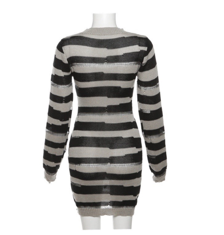 HOLLOW KNIT CONTRAST STITCHING BAG HIP DRESS FEMALE