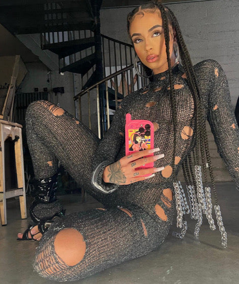 PERFORATED LONG SLEEVE BACK STRAP WOOLEN LONG JUMPSUIT