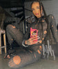 PERFORATED LONG SLEEVE BACK STRAP WOOLEN LONG JUMPSUIT