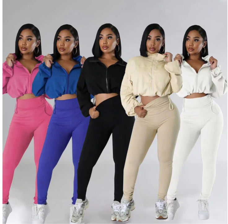 HOODED LOOSE LONG-SLEEVED SHIRT TIGHT TROUSERS SPORTS 2PC SET