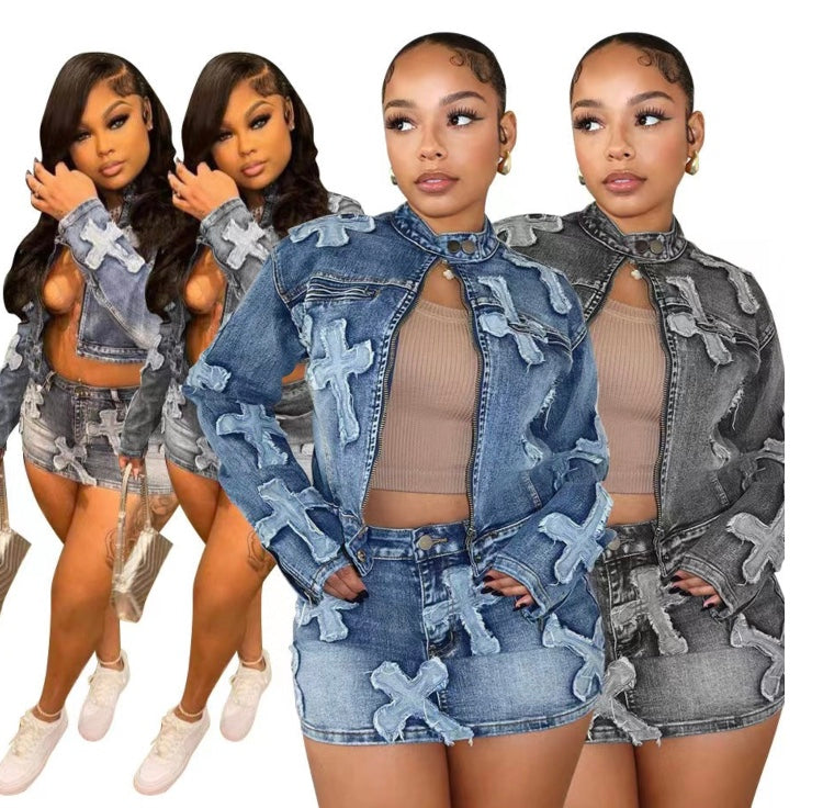Cross Denim embroidered Skirt Jacket Set