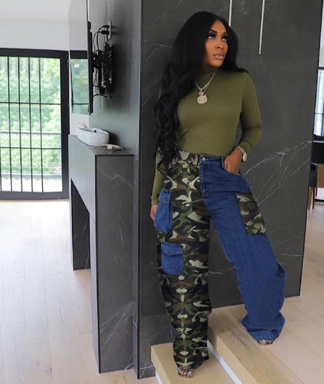 Denim Patchwork Camouflage Three-Dimensional Pocket Overalls