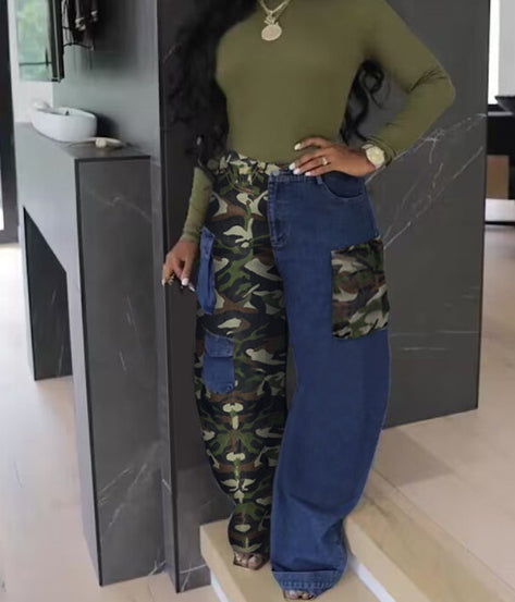 Denim Patchwork Camouflage Three-Dimensional Pocket Overalls